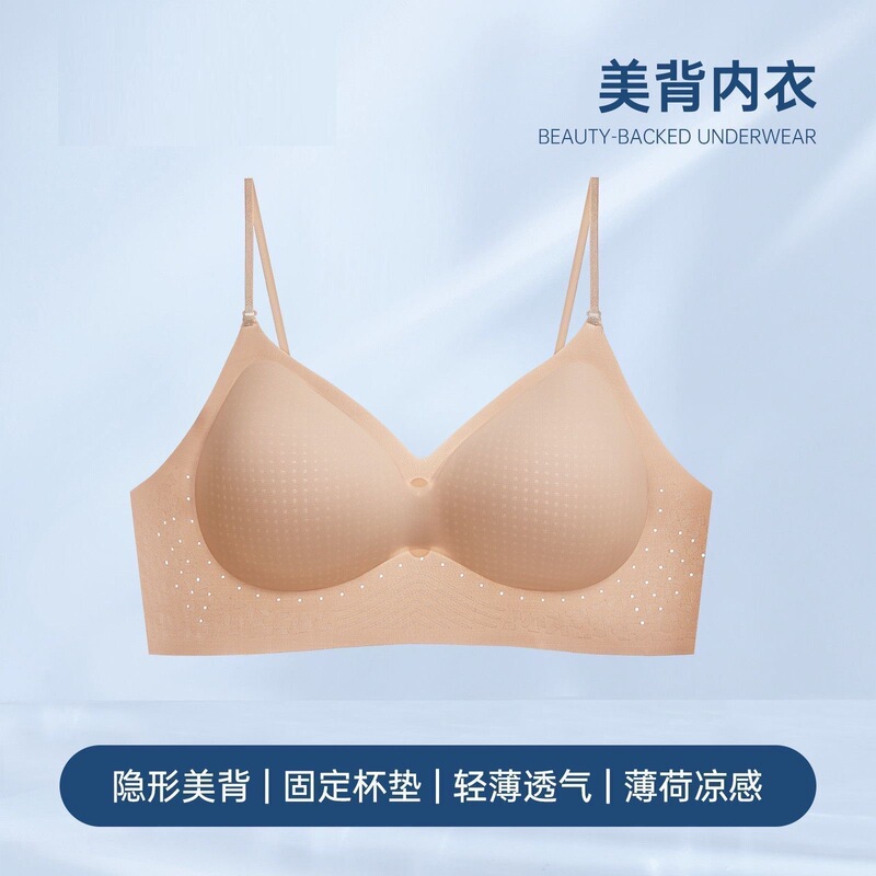 大露背隐形粉底液内衣女聚拢美背冰皮凉感固定杯无痕文胸罩夏薄款|undefined