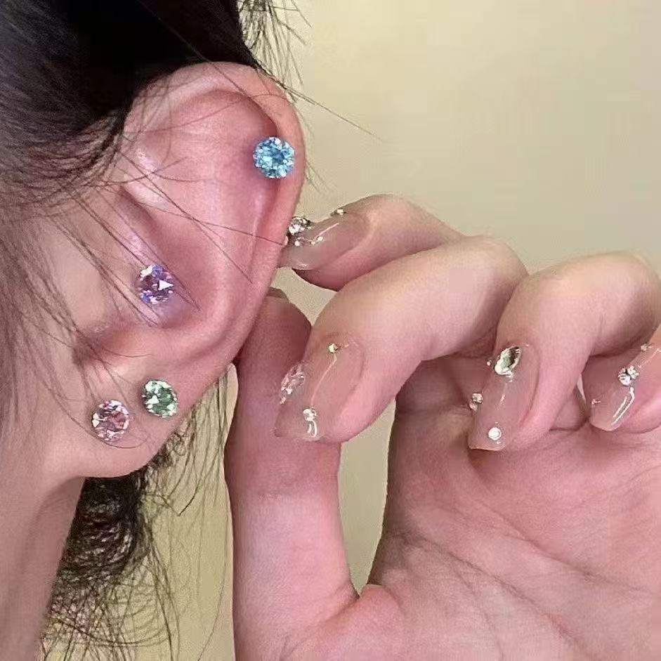 2025 New Color Zircon Ear Nail Ear Nail Korean Style Hot Girl Earrings Flash Hanazi Ear Bone Nail for Women