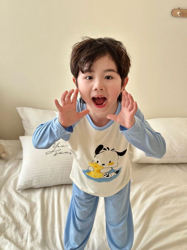 子供用モーダルホーム服セット、男の子と女の子用、夏用薄手パジャマ、中型および大型子供用韓国風長袖空調服|undefined