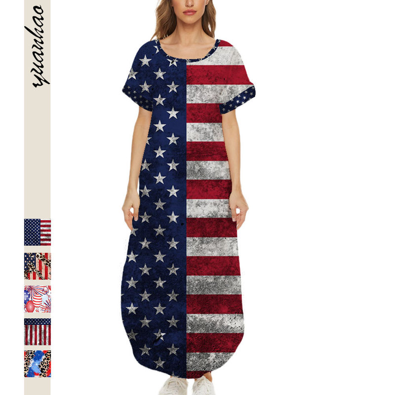 2022 cross-border independent station New American Independence Day summer short sleeve hem irregular round neck dress