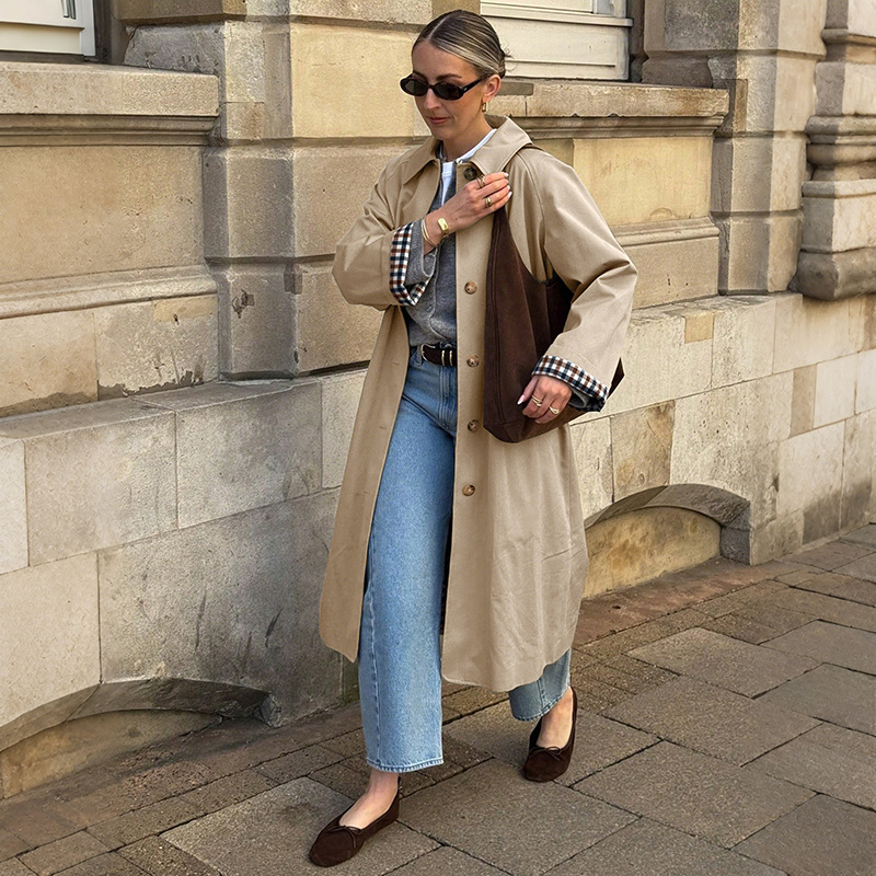 【Bai Fen Zhi Yi】Cross-Border 2025 New Commuter Trench Coat, Extended Length, Plaid Patchwork, Lapel Trench Coat Jacket for Women