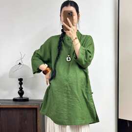 2026夏季款中式立领斜襟盘扣亚麻衬衫女文艺套头衫百搭复古风上衣
