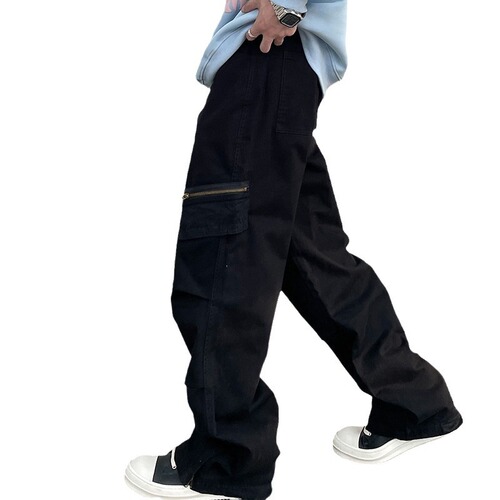 American Retro High Street Vibe Zipper Split Crease Khaki Work Pants for Men, Ins Trendy Straight Leg Micro-Wide Pants