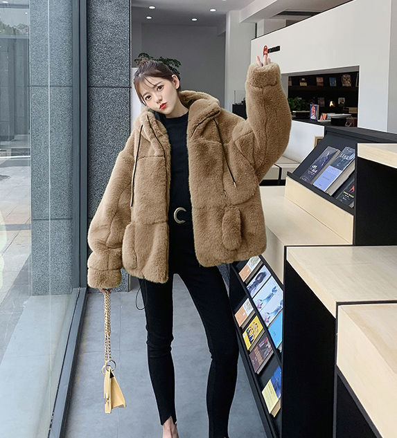 2022 Autumn and Winter New Imitation Fur Coat Women's Imitation Rex Rabbit Fur Hooded Plush Coat Loose Warm