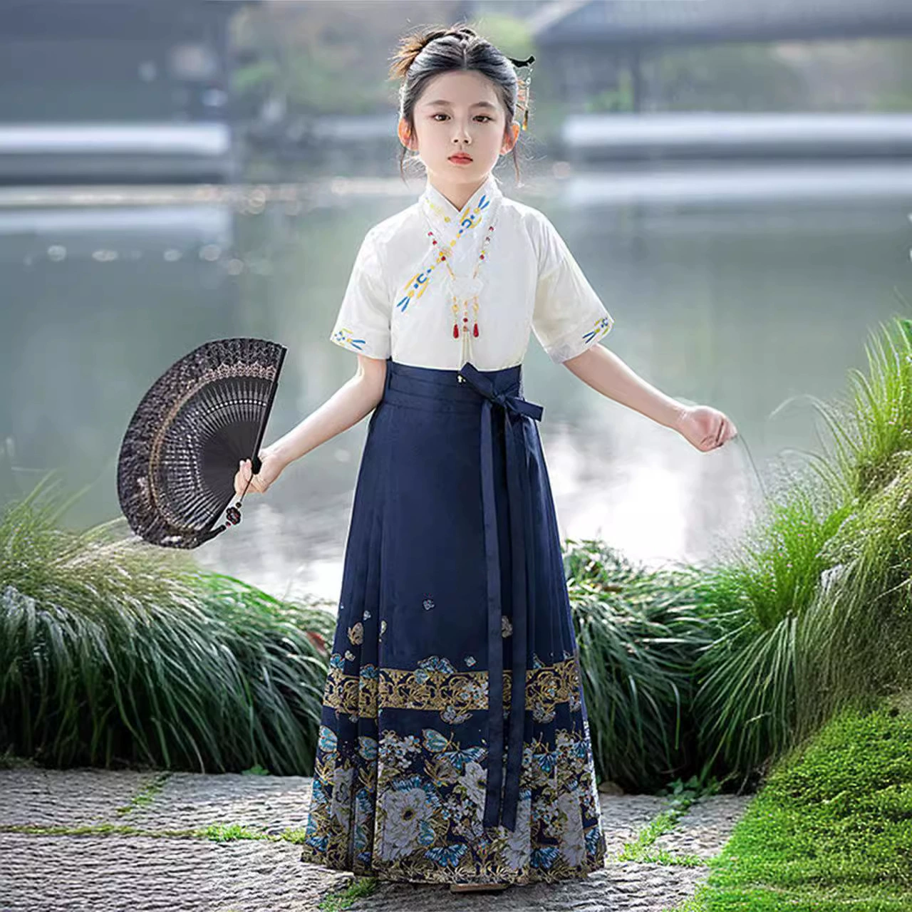 Синяя девушка высокого уровня Hanfu набор из двух частей с короткими рукавами детская конская юбка