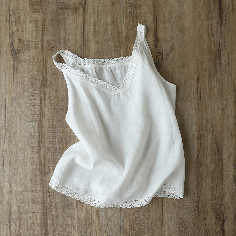 White Design Sense Lace Cotton and Linen Camisole Women's Summer Thin Base Shirt Casual Sleeveless Top Trendy
