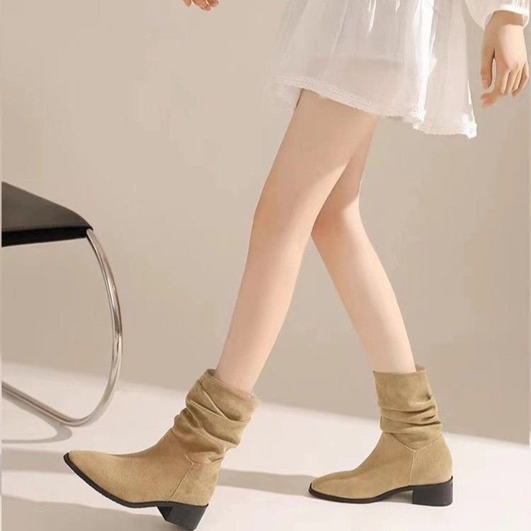 ShoeVault 2025 Wiosna Nowe Retro Szpiczaste Buty Na Grubym Obcasie Krótkie Kowbojskie Buty Do Jazdy w Stylu Western Dla Kobiet_voghion.com