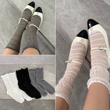 ins风半透泡泡网眼中筒袜 褶皱木耳边堆堆袜透气显瘦百搭女袜批发
