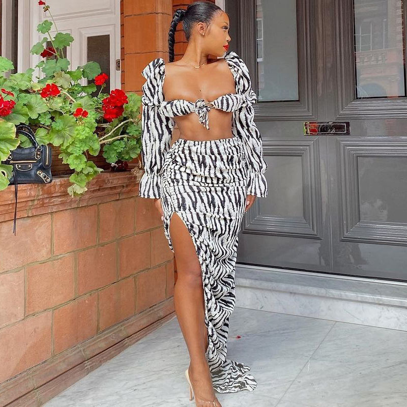 backless long-sleeved slit high waist wrap chest zebra print top and skirt suit NSHTL134601