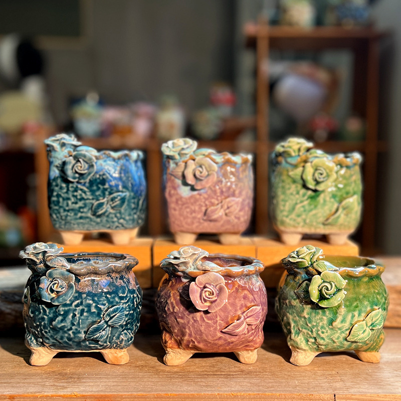 新型レトロ多肉植木鉢手作りつまみ花流釉窯変陶磁器粗陶老杭グラデーション色メーカー卸売り|undefined