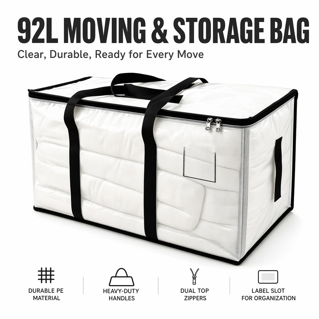 92L transparent moving storage bag, large-capacity waterproof quilt and clothing organizer bag, foldable storage bag