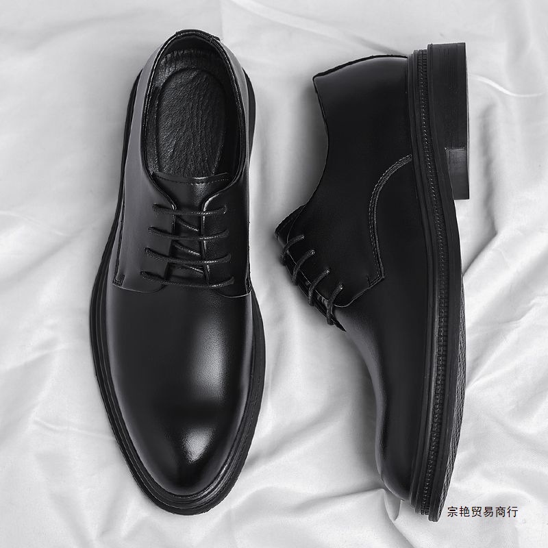 Men's Leather Shoes New Business Formal Wear Genuine Leather Casual Spring and Autumn Breathable Men's British Korean Style Pointed Toe Groom Knot Yangming