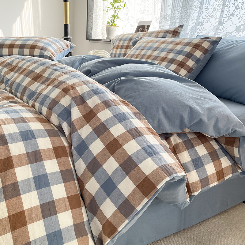 Cama de algodón lavado de algodón de cuatro piezas, sábana de algodón, funda de edredón, dormitorio de estudiantes, ropa de cama de tres piezas, ropa de cama