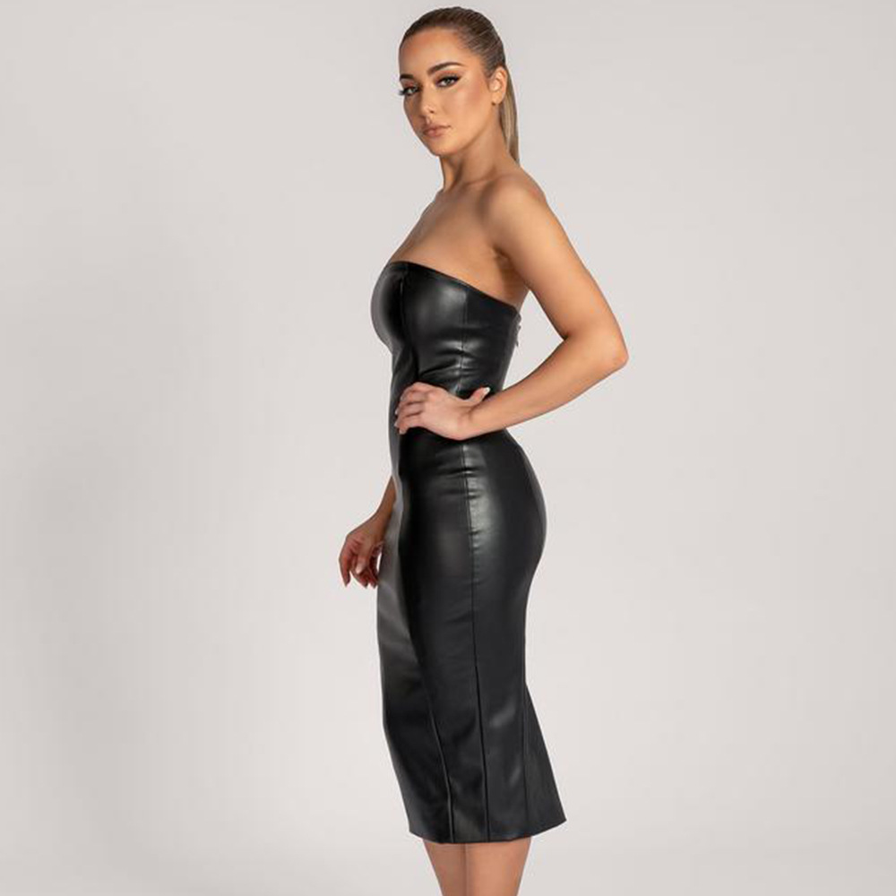 Faux leather tube top midi dress featuring a seductive back slit