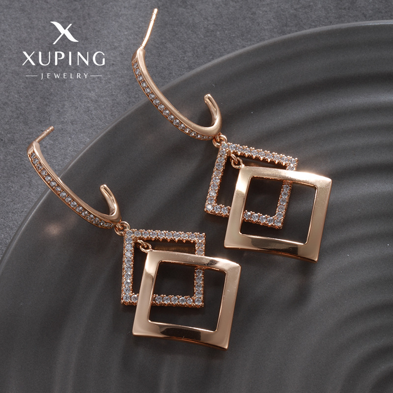 Pendientes de temperamento de circón cuadrilátero de doble capa en forma de diamante geométrico de nuevo estilo Xuping, diseño de nicho, pendientes de personalidad de moda