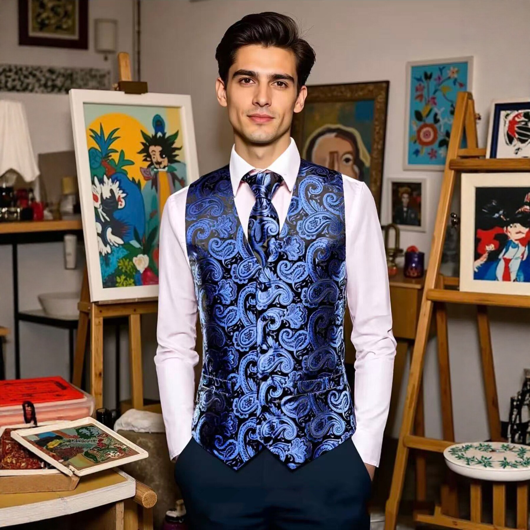 Anzugset mit Weste, Krawatte, Einstecktuch und Manschettenknöpfen im Paisley-Muster für Herren – Business Casual, Hochzeitskleidung_voghion.com