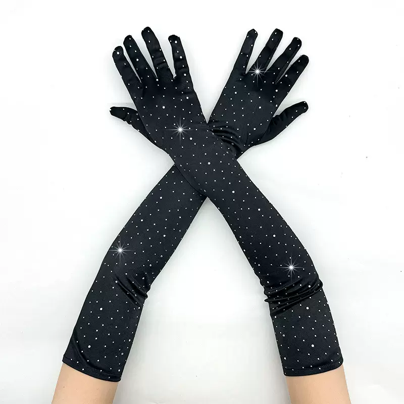 时尚新娘复古长款点钻手套透明黑色女士网纱长款结婚新款分指手套