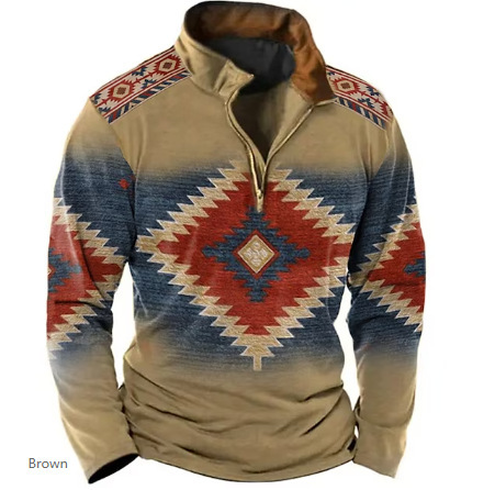 2023 transfronteriza europea y americana estilo étnico impreso 3D media cremallera manga larga polo