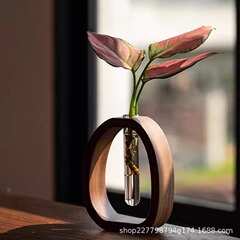 木の透明なガラスの水培花器の胡桃木の家庭用の小さい花瓶の水養のデスクトップの生花の生け花の置物