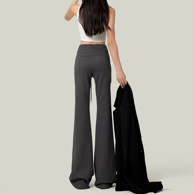 American Retro Gray Flared Pants for Women, Spring Petite Drawstring Elastic Floor-Length Sports Casual Yoga Pants