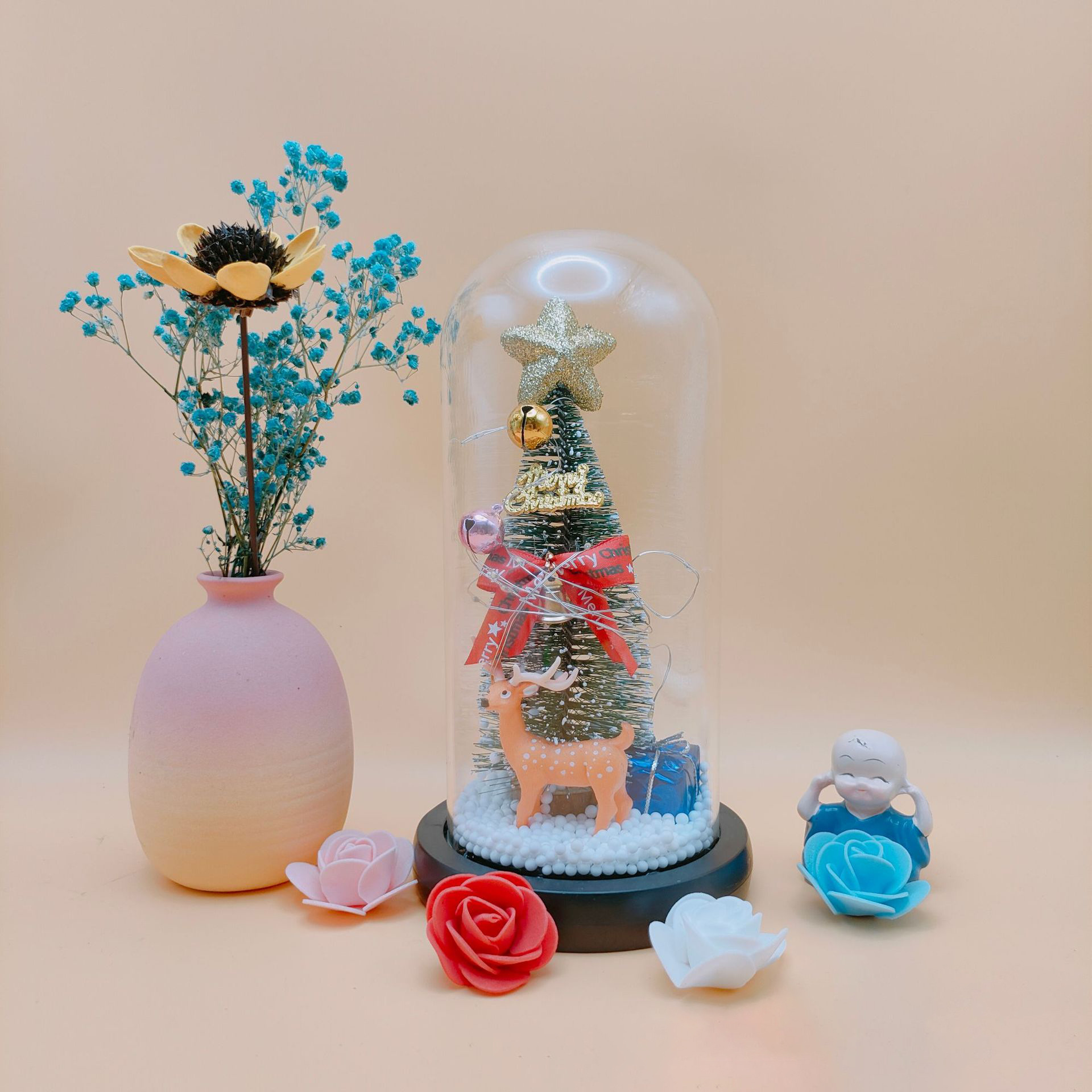 Lámpara de cristal con flores preservadas, rosa artificial brillante, árbol de Navidad, día de San Valentín, Papá Noel, reno, adorno navideño creativo