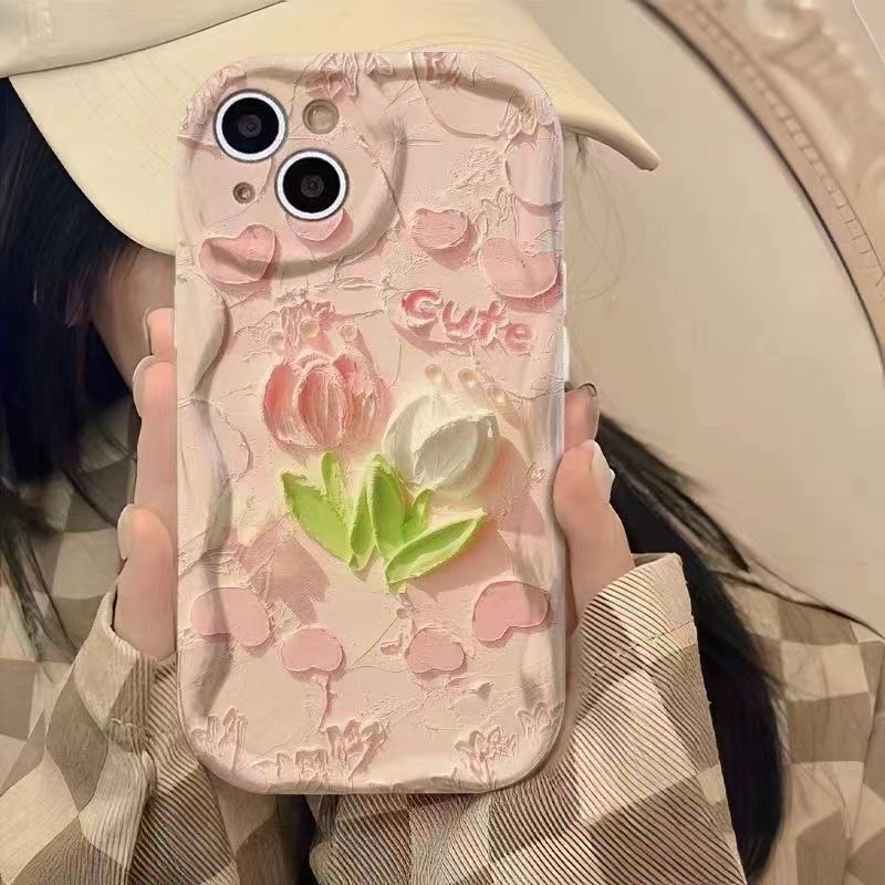 Pink Tulip Suitable for Apple 17 Phone Case 16Promax Female Iphone14Plus Cartoon 13 Cream Pattern 15