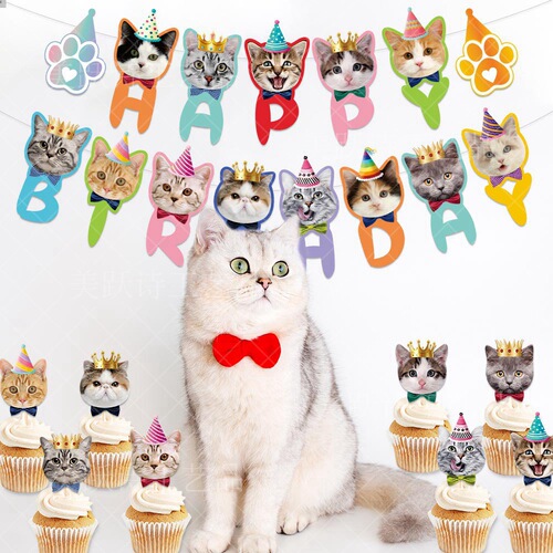 New product pet cat theme birthday party decoration supplies cartoon cat birthday flag cake insert