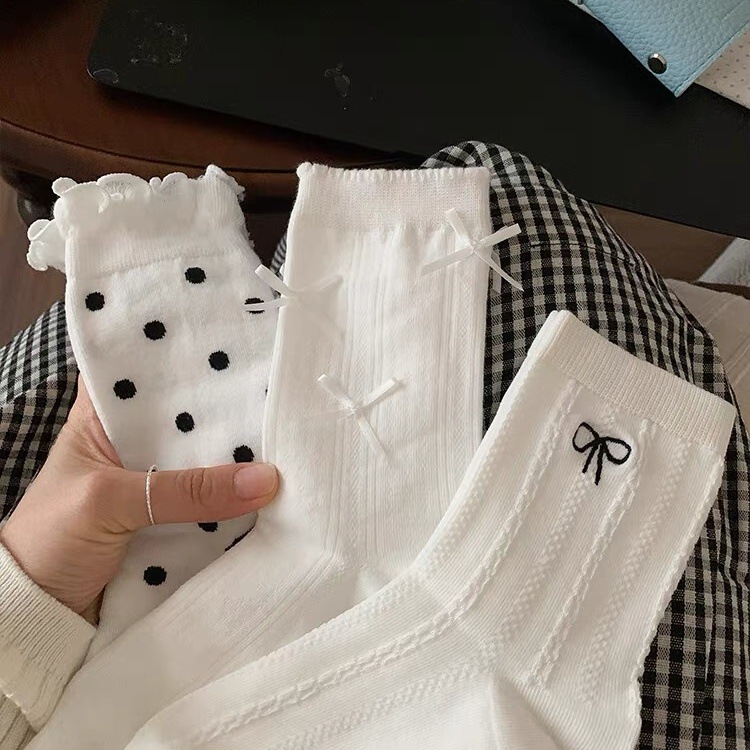 蝴蝶結襪子女中筒襪春秋款棉薄款日系jk芭蕾風蝴蝶結白色長筒襪