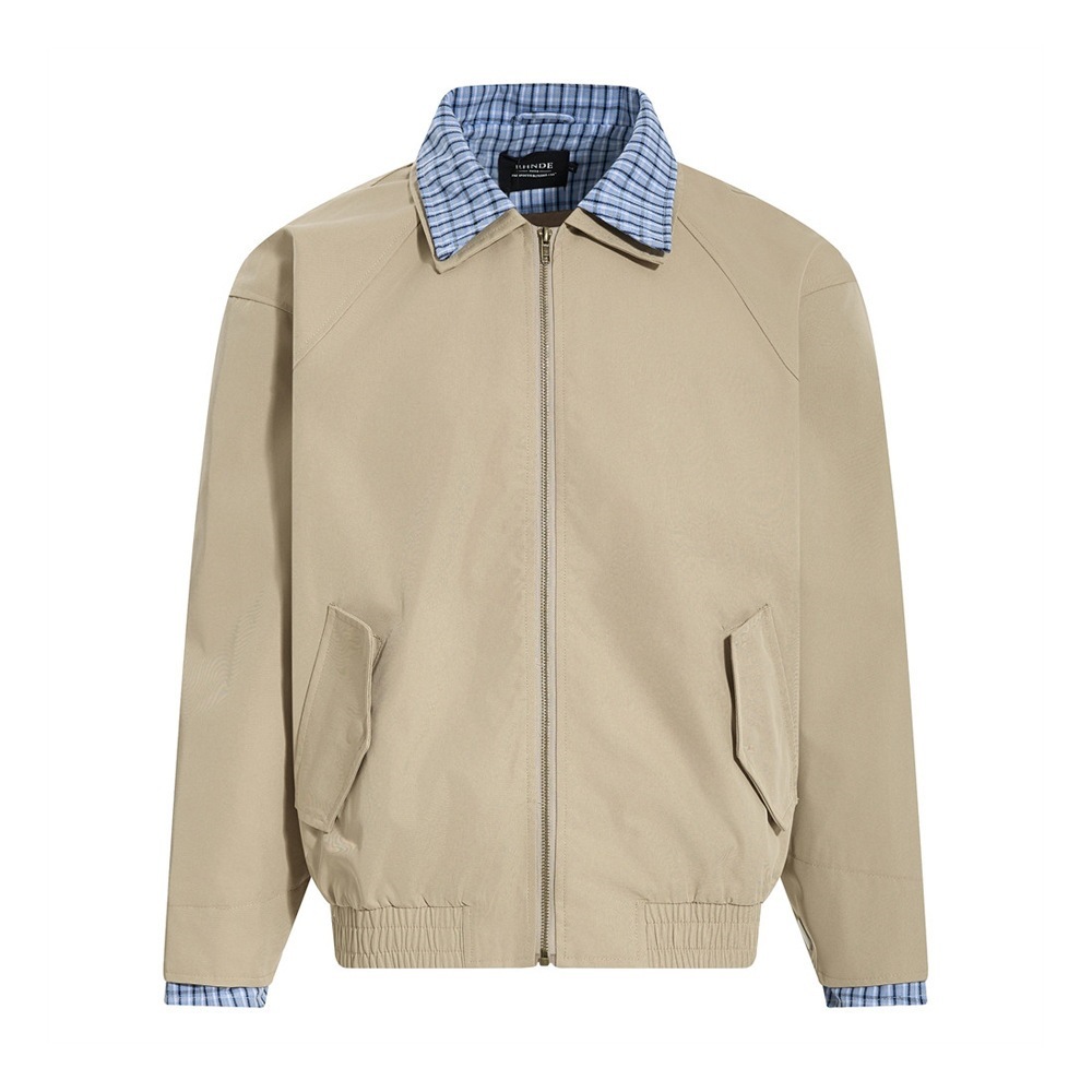 American Vintage Fake Two Pieces Cargo Jacket Men's Plaid Stitching Double Layer Lapel Outerwear (High Quality Version)