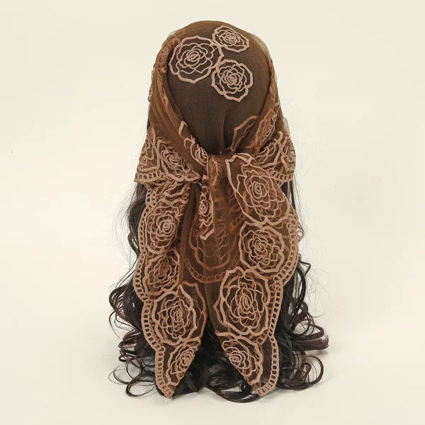 Trendy Embroidered Lace Square Scarf, Popular in Europe and America, Versatile Fashion Decorative Silk Scarf, Hot-Selling Rose Flower Women's Shawl