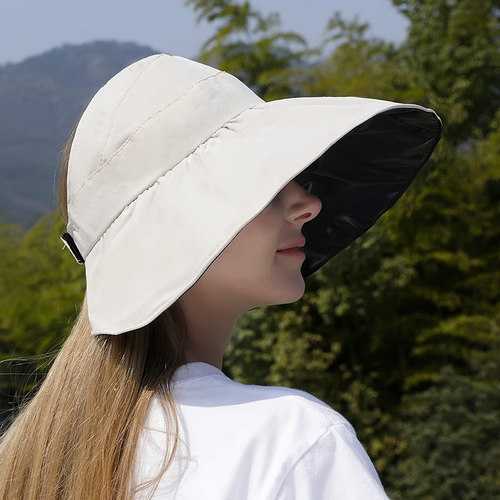 New Black Vinyl Flat Brim Sun Hat for Girls, Summer Wide Brim Sun Shield Hat, Foldable Fisherman Hat, Wholesale for Spring and Summer