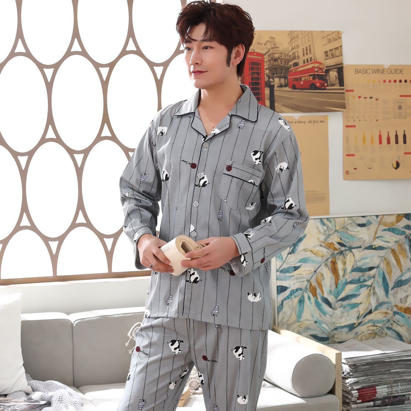 Pijamas de hombre primavera y otoño 100% algodón pantalones de manga larga cardigan verde de mediana edad ropa de hogar traje de invierno para los ancianos