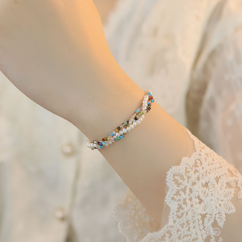 XlentAg pulsera de perlas naturales coreana retro colorido estilo oriental pastoral multicapa pulsera tejida a mano mujer