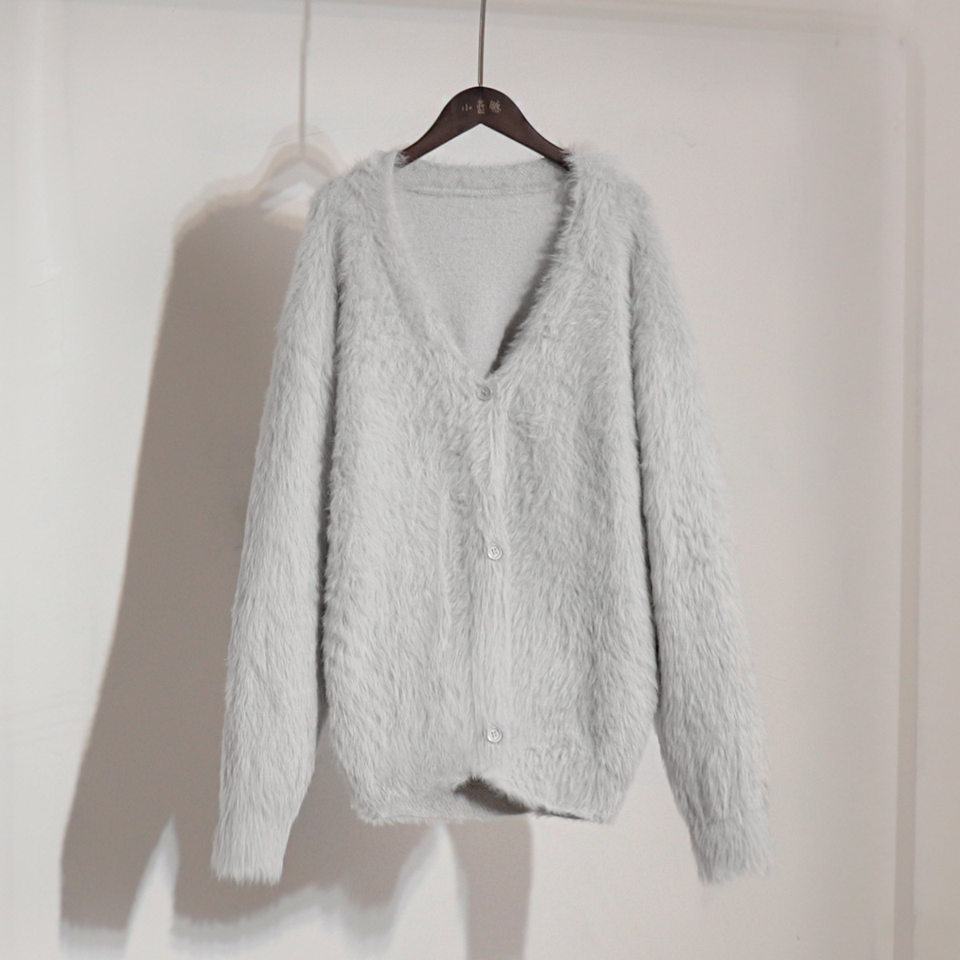 Áo cardigan len dệt kim giả lông chồn cổ V tay dài form rộng nữ — Màu hồng, Màu kaki, Màu trắng, Màu xám nhạt chi tiết 48