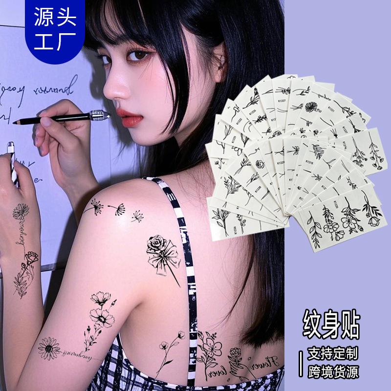 Cross-Border Minimalist Sketch Floral Tattoo Stickers Black and White Line Rose Waterproof Temporary Stickers for Women Fresh Style Tattoo Stickers