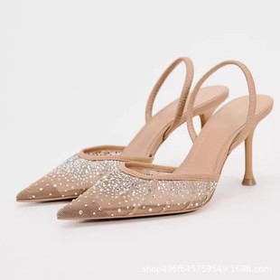 ZA Summer New 2025 Mesh Breathable Pointed Stiletto Heel Baotou Rear Strap Pressure Drill Heel High-heeled Sandals
