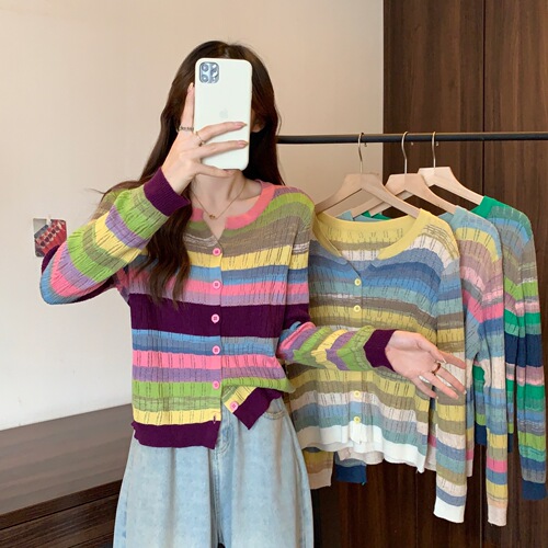 Autumn new style striped fashion all-match foreign style age-reducing dopamine wear long-sleeved knitted cardigan top for women