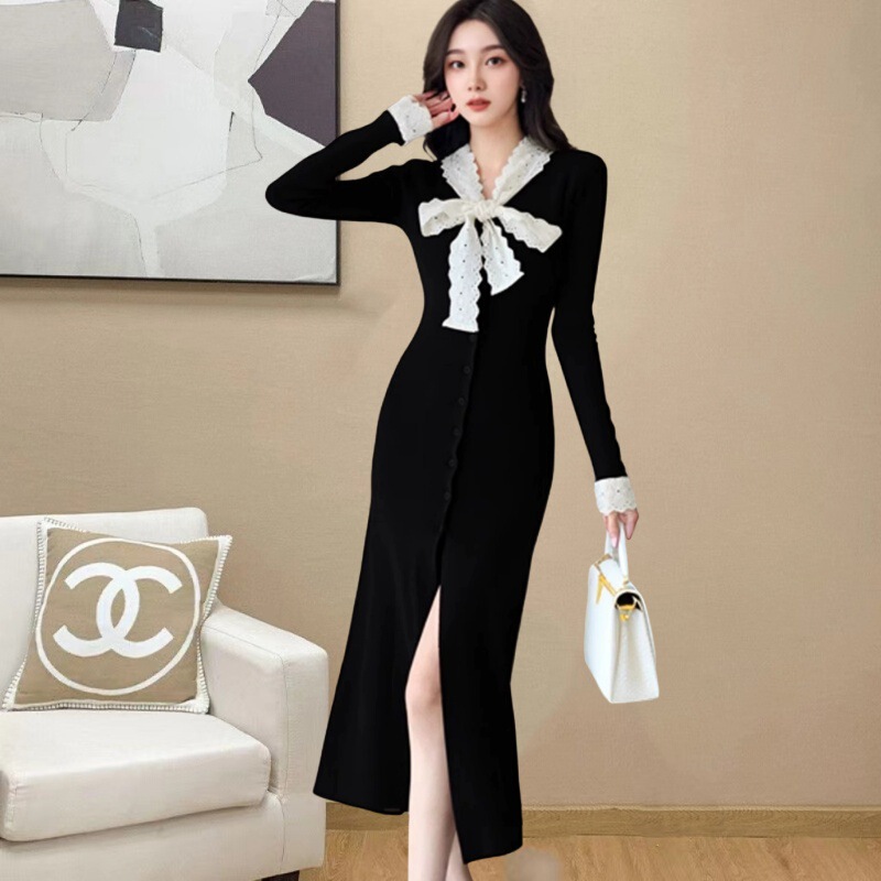 Cross-Border Supply Autumn and Winter High-End Design Bow-Knot Slim Fit Slit Knit Sweater Dress Long Sleeve Cross-Border Supply Autumn and Winter High-End Design Bow-Knot Slim Fit Slit Knit Sweater Dress Long Sleeve
