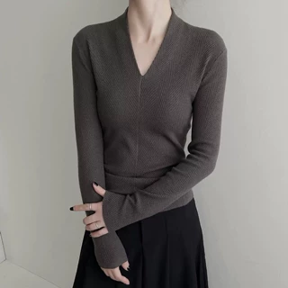 【现货】设计感V领水波纹修身羊毛针织衫女秋长袖内搭外穿打底衫