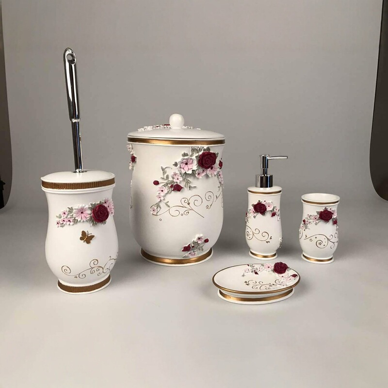 Resin Bathroom Five-Piece Set, Trash Can with Lid, Toilet Brush, Hand Sanitizer Bottle, Toothbrush Cup, Mouth Cup