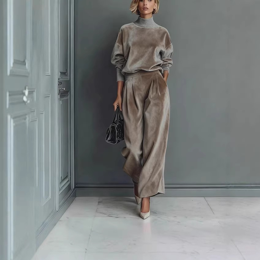 European and American Cross-Border Foreign Trade Women's Clothing Autumn and Winter Fashion Casual Sports Suit Velvet Long-Sleeve Solid Color High-Neck Wide-Leg Pants