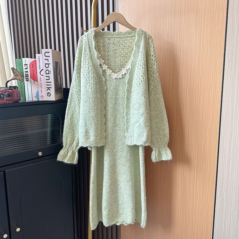 2024 New Style Fresh and Simple Knitted Sweater Set for Women, Korean Version Loose Hollow-Out Camisole Dress, Mid-Length Cardigan