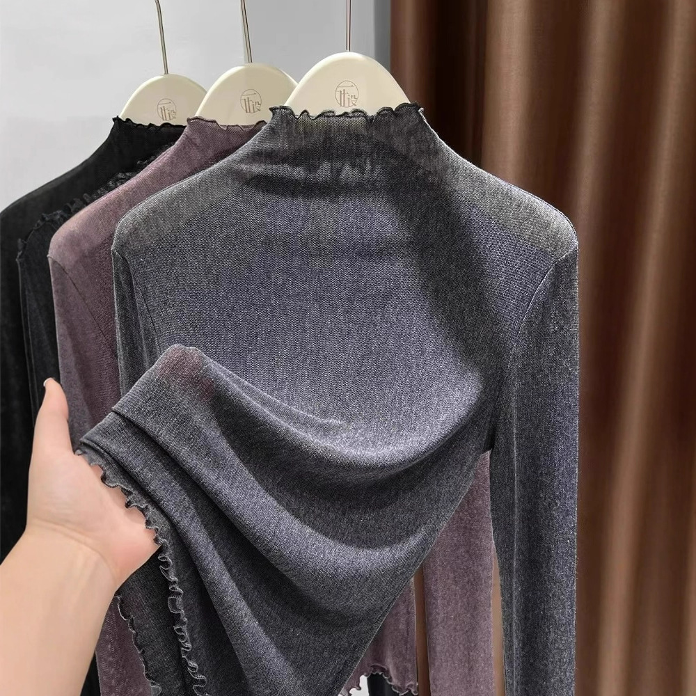 Trendy Ruffled Half-High Collar Mesh Base Shirt for Women 2025 Autumn/Winter Sheer Inner Layer High-End Stretch Slim Top