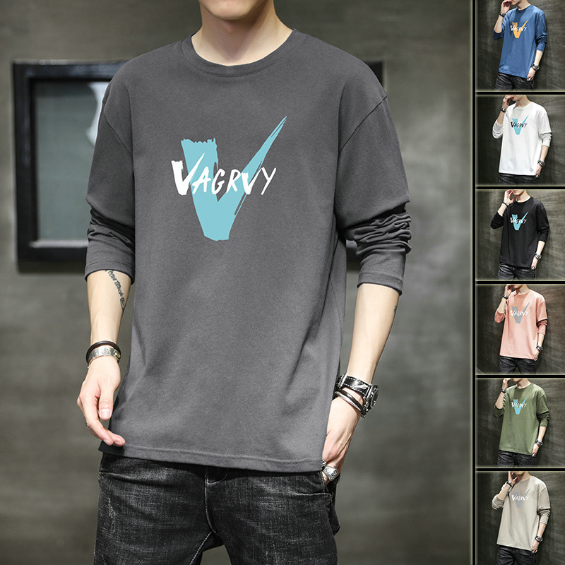 Long-Sleeve T-Shirt for Men, Loose Base Shirt, Trendy Ins Print, Plus-Size Student Bf Hong Kong Style Autumn Top Sweatshirt