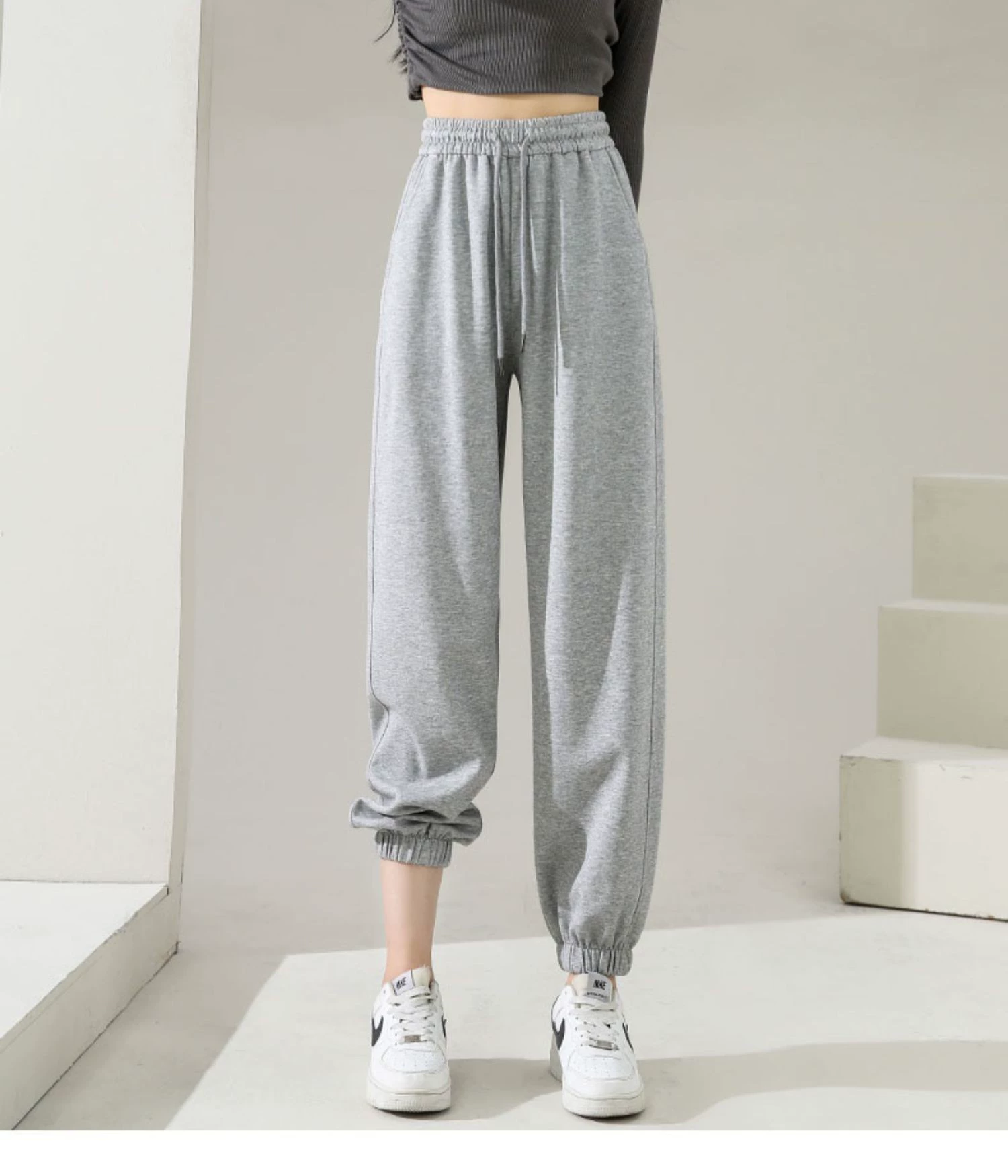 Спортивные брюки, женские брюки, Осень-зима, Новое поступление, Свободные повседневные универсальные маленькие серые удобные спортивные штаны с носком и девятью точками