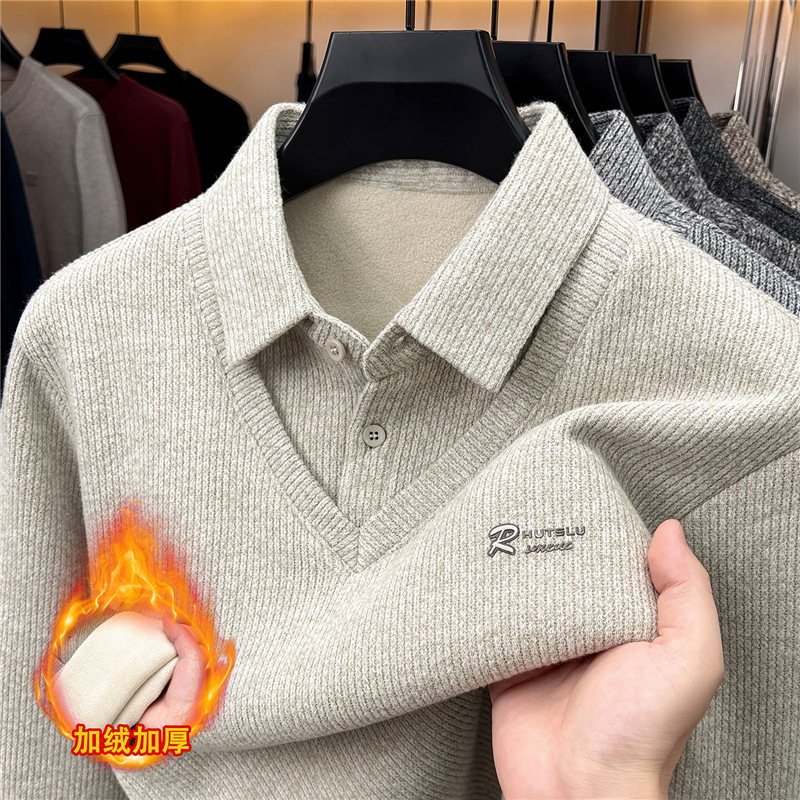 New Polo shirt, extra-thick, faux two-piece knit sweater, long-sleeved, for middle-aged and elderly men, winter style, simple design, fleece-lined, high quality