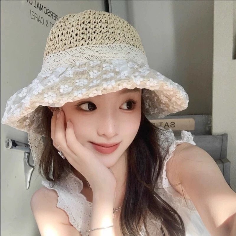 Fresh and Simple Floral Lace Straw Hat for Women, Summer Outdoor Travel, Beach Vacation, Versatile Hepburn-Style Sun Hat Fresh and Simple Floral Lace Straw Hat for Women, Summer Outdoor Travel, Beach Vacation, Versatile Hepburn-Style Sun Hat
