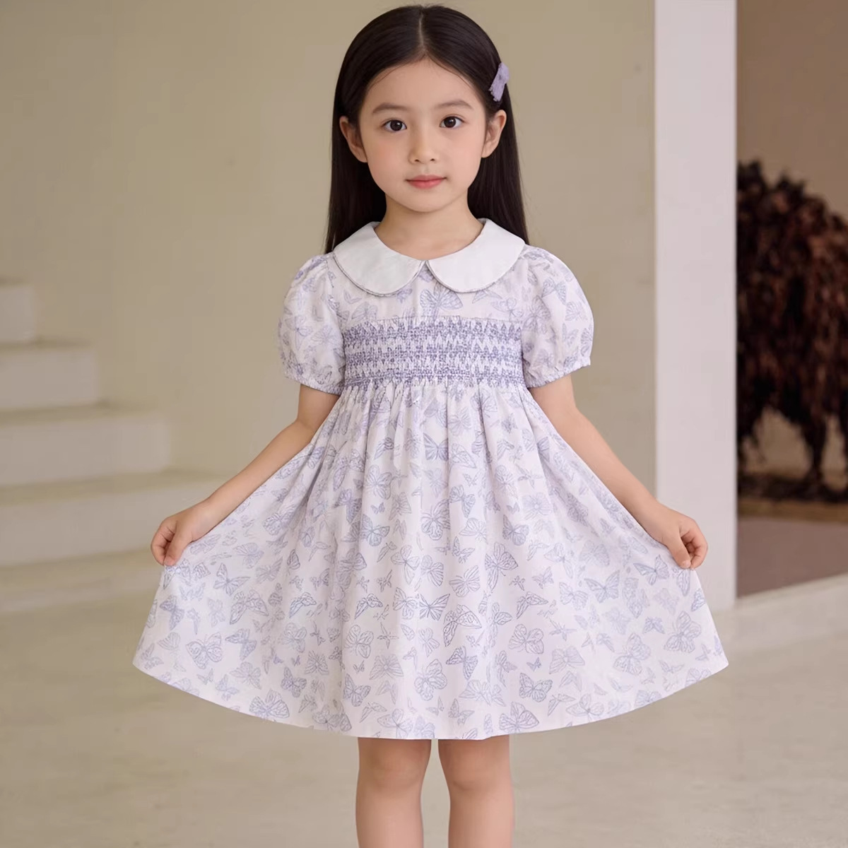 MDD Children's dress 2025 Summer Butterfly Print Girls dress French Elegant Puff Sleeves