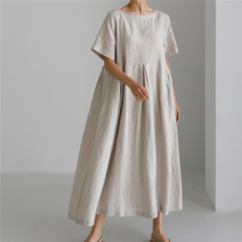 BF Pullover Crewneck Over-the-Knee Long Dress Temperament Academic Style Mori Women's Base Shirt Large Size Loose Cotton and Linen Dress for Women