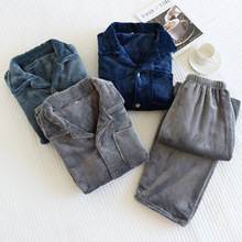 男士睡衣秋冬法兰绒长袖加厚纯色简约珊瑚绒家居服套装一件代发